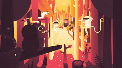 The Forgotten Frames - Into the woods 2d animals autodesk bird campfire camping character design fab design flat design illustration marshmellow monkey moose motion design snake squirrel trees vector woods