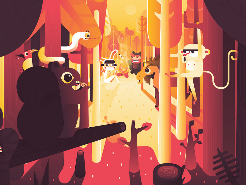 The Forgotten Frames - Into the woods 2d animals autodesk bird campfire camping character design fab design flat design illustration marshmellow monkey moose motion design snake squirrel trees vector woods