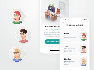 Select your assistant 3d 3d animation 3d art animation app assistant clean design green illustration ios iphone mobile product smart ui ux vector