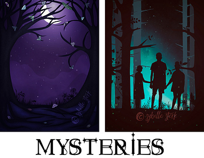 mysteries book cover art cover art fantasy forest kids kids book kids illustration magic moths mystery night siblings stars trees vector illustration