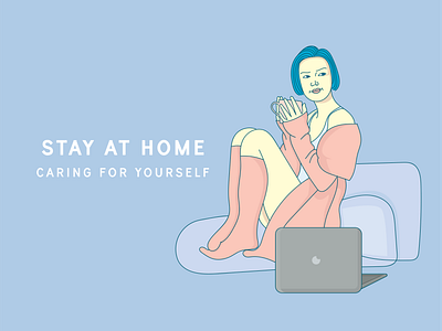 Stay at Home, caring for yourself artwork care computer covid 19 covid19 design drinking tea girl illustration art illustrator shutterstock startup stay at home stay safe take care vector