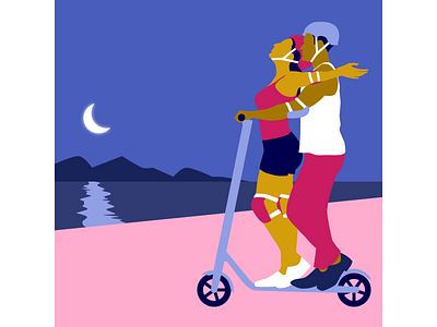 Sharing an electric scooter couple design electric scooter illustration love moonlight romance romantic vector