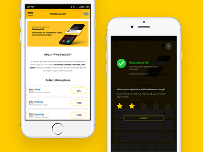 Caller ID subscription feedback listing mobile overlay popup raing rate review subscriptions success ui