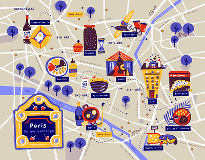 Paris Map 📍🇫🇷 baguette cheese city city illustration crepes croissant exchange food foodie france friends friendship illustration map map illustration maps memories paris university wine