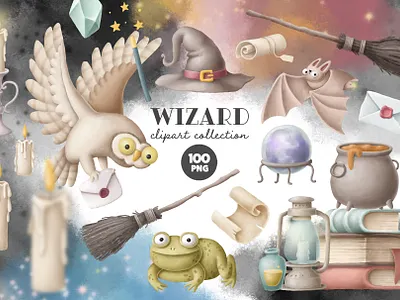 Wizard clipart collection cartoon character clipart creative market design kit digital download drawing halloween illustration magic magical owl stickers witch wizard wizarding world