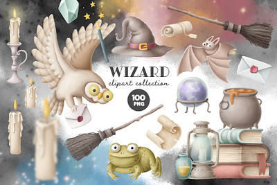 Wizard clipart collection cartoon character clipart creative market design kit digital download drawing halloween illustration magic magical owl stickers witch wizard wizarding world