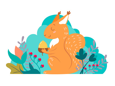 Squirrel with acorn animal design flat illustration squirrel vector