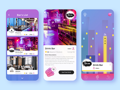 🌆 Clabl app - Bar's and Event's List 🍸 abstract app appdesign bars barslist chinchin city cityray datingapp drink freedrinks gradient illustration list mobileapp nightcity ray restaurants ui violet