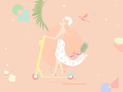 Scooter birds flowers geometry illustration illustrator plant scooter spring summer