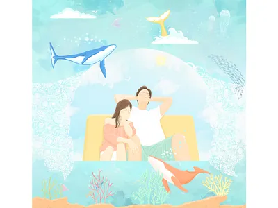 Above & Beyond coralreef fishes illustration jellyfish ocean sky stingray whales