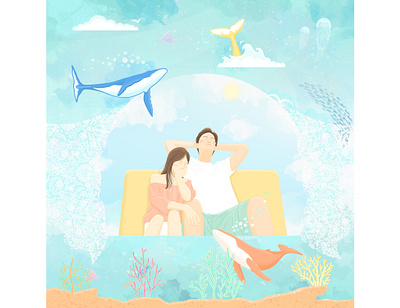 Above & Beyond coralreef fishes illustration jellyfish ocean sky stingray whales