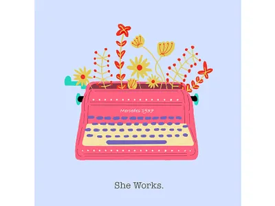 She Works design flower illustration printer retro vintage