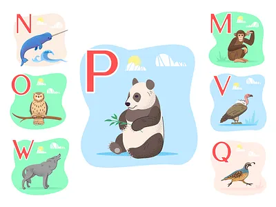 Animal alphabet4 alphabet animals artwork design icon illustration monkey narwhal owl panda quail ui vector vulture web wolf