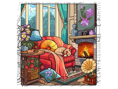 Vector illustration for a mobile app. Coloring. Cozy interior art branding cat chair coloring app cozy interior cozy vibes curtains design digital art fireplace flowers game gramophone graphic design illustration mobile design vector