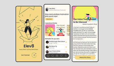 Elev8 – Motivational Stories App 📖✨ conceptdesign creativeprocess productdesign dribbble illustrationdesign mobileappdesign motivationapp playfuldesign uidesign uiux designinspiration uxdesign