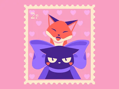 Valentine’s Day Stamp – Fox & Cat Illustration animals cat illustration character design color colour cute cute art cute characters flat design fox fox illustration illustration love love art minimalist art retro illustration stamp design valentines day vector art whimsical design