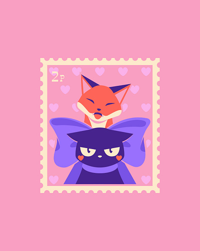 Valentine’s Day Stamp – Fox & Cat Illustration animals cat illustration character design color colour cute cute art cute characters flat design fox fox illustration illustration love love art minimalist art retro illustration stamp design valentines day vector art whimsical design