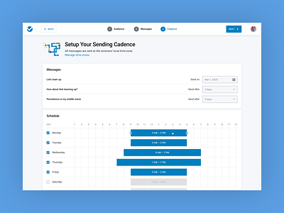 Lead Generation Sending Cadence audience cadence calendar churn rate clients customer retention email automation filters leads product design product designer prospects schedule scheduling sending sending sequence sequence sketch web app website