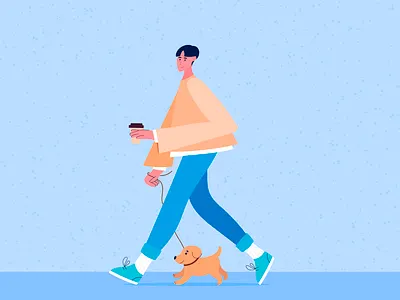 A young man walking a dog. Flat illustration 2d animal art character design dog drawing flat flat illustration grain grain texture graphic illustration illustrator modern pet trend vector