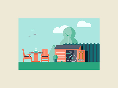 Garden bicycle bike birds fence garden grass illustration outdoor plants shed simple vector