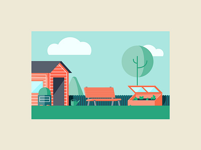 Garden 2 bench fence garden grass illustration outdoor shed simple tree vector