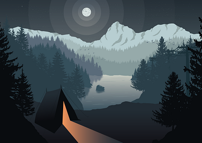 Last day of summer camping camping color illustration lake landscape moon moonlight mountain nature night silhouette trees vector