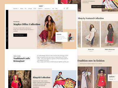 Homepage for Indian Clothing Brand clothing contemporary culture ecommerce explore figma india indian brand layout layout exploration lookbook motif redesign traditional ui uichallenge uiux website website design