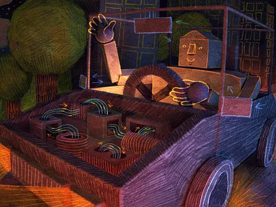 Car man buildings car colour depth design driving engine illustration lighting night pencil road robot stars texture trees
