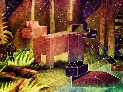 Constellation Cats 3d animals art blender cats colour constellations depth dots grass illustration lines night pencil sky stars texture trees water
