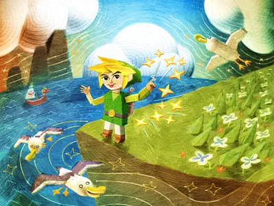 Wind Waker 3d birds boat clouds colour depth flowers gaming grass illustration pencil sea seagulls sky stars texture videogames wind wind waker zelda