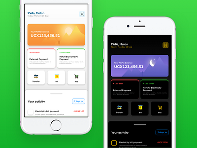 Day night Mode bill dashboard ui day history home landing money night page payments screen transaction wallet