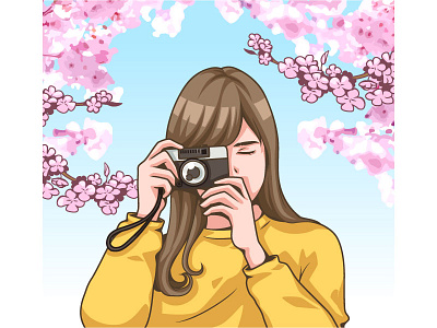 Beautiful girl holding a camera with flower beautiful cartoon character design flower girl illustration kawaii vector woman