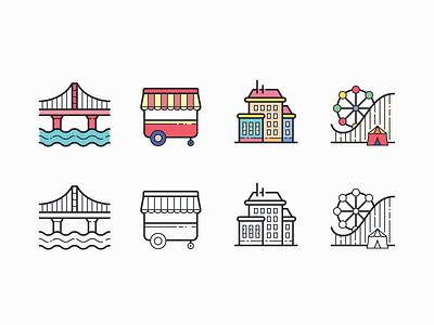 Hand Drawn icons: City amusement park bridge building city sights city ​​tours color design digital art food cart graphic design icon icon set icons icons8 outline travel agency travel app travelling ui vector