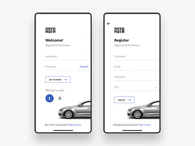 Asta android app app screens design ios login register sign in sign up