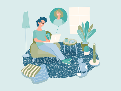 stayathome workathome smartworking man chat blue boy cat cat toy illustrator laptop living room man pillows plants relaxing remote work stay at home vector vector illustration web design work at home