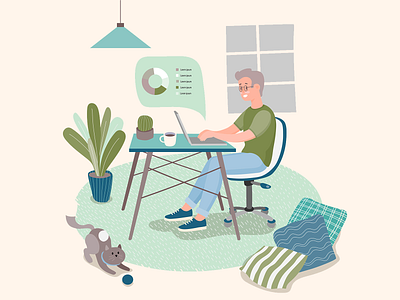 stayathome man work laptop boy cat green illustration illustrator laptop lifestyle livingroom man pillow plant remote work stay at home stay safe web design workspace