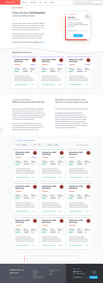 ClassAction.org Settlements Card List card design clean law redesign simple web design