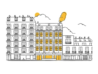 #05 - Le Tank (Paris) - Street building branding city clouds communication design house human being illustration life lifestyle restaurant street sun town vector window yellow