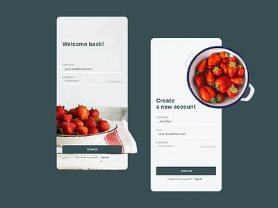 Strawberry App Sign In/Up app branding design icon illustration onboarding password sign in sign up ui username ux