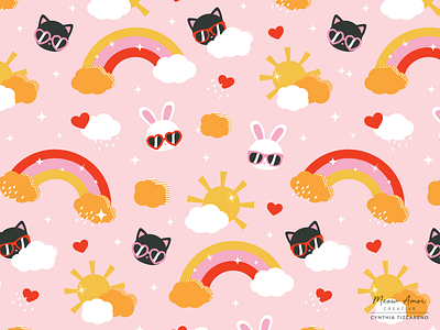 Summer Sunshine Pattern animals baby bunny cat cute design fun girly happy illustration kids pattern rainbows retro colors summer sun sunshine surface pattern sweet vector