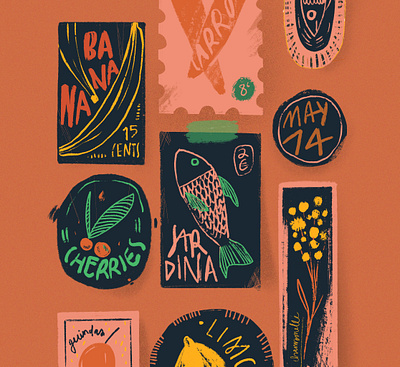 Food Stickers banana carrot design fish flower food fridge grainy icons illustration noise orange procreate rusty stickers