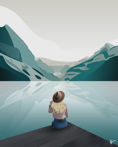 Sitting by the lake design hat illustration illustrator lac lake landscape landscape illustration montagne mountain vector woman