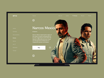 Minimalist TV App browse clean dailyui dailyui 025 dailyuichallenge desktop detail film flat hbogo minimalist movie narcos navigation netflix stream tv ui ux web