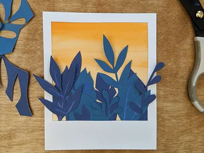 Paper Polaroid: Blue floral cut paper handmade nature paper paper art polaroid poster art