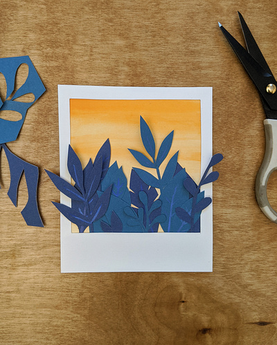 Paper Polaroid: Blue floral cut paper handmade nature paper paper art polaroid poster art