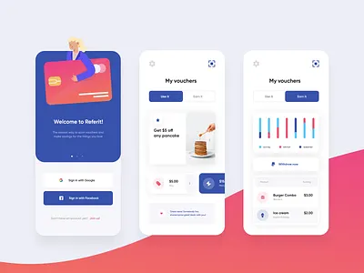 REFERIT — cashback app analytics blue card cashback chart dashboad figma finance app graphic graphs illustration magenta management app mobile app payment sign in sign up statistics toolbar vouchers