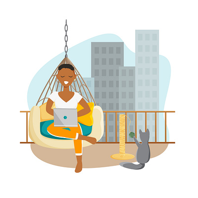 A handsome woman is working in laptop and sitting in a hammock african american african woman background british shorthair cartoon character character design city background concept concept design design female character flat flat design freelancer home illustration interior interior design vector