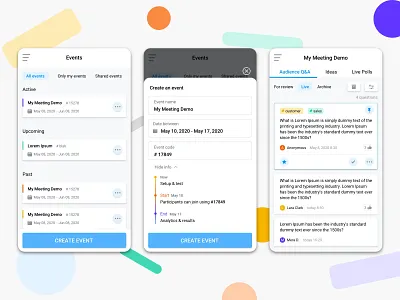 Online Meeting Questions actions button cards clean conference create event design events label live meeting mobile online popup program question schedule speaker tabs ui