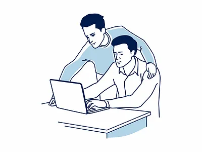 Man help friend learn computer assists business computer friend illustration internet learn lesson logo man mascot online soldier teach tutor vector veteran