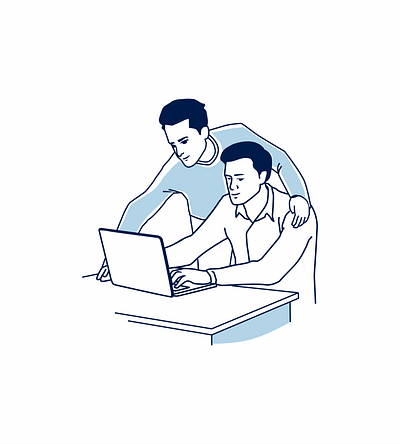 Man help friend learn computer assists business computer friend illustration internet learn lesson logo man mascot online soldier teach tutor vector veteran